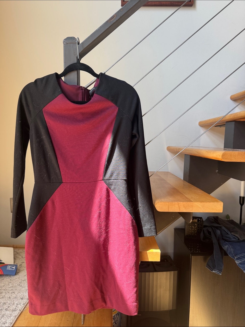 Banana Republic Burgundy and Black Colorblock Long-Sleeve Sheath Dress